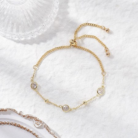 Adjustable Brass Clear Cubic Zirconia Flat Round Link Chains Slider Bracelets BJEW-JB12326-1