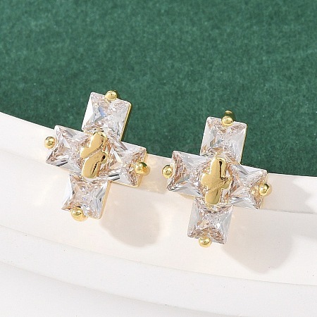 Brass Micro Pave Clear Cubic Zirconia Cross Stud Earrings EJEW-F400-22A-G-1