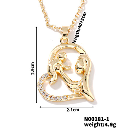 Simple and Elegant Brass Pave Clear Cubic Zircon Mother and Kid Heart Pendant Necklaces for Mother's Day TM6595-3-1