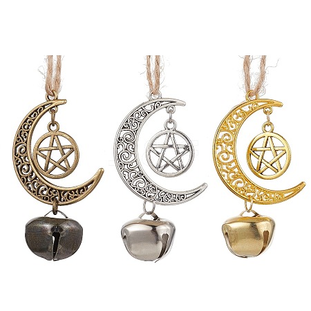 3Pcs 3 Colors Alloy Moon with Star Pendant Decoration HJEW-JM02415-1