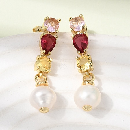 Round Brass Micro Pave Cubic Zirconia Dangle Stud Earrings EJEW-L311-01G-01-1