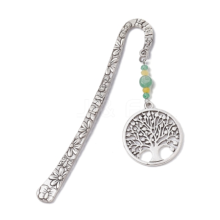 Natural Malaysia Jade & Green Aventurine Beaded Pendant Bookmarks with Alloy Tree of Life AJEW-JK00255-04-1