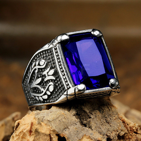 316L Stainless Steel & Cubic Zirconia Men's Vintage Carved Finger Rings FS-WG82D33-24-1