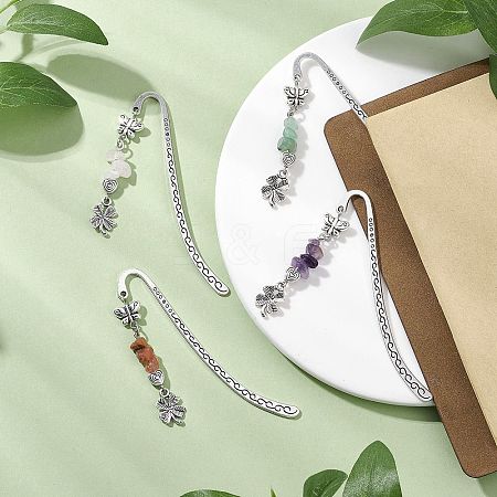 Natural Rose Quartz & Green Aventurine & Amethyst & Red Agate Chips & Alloy Clover Charms Bookmarks AJEW-JK00362-1