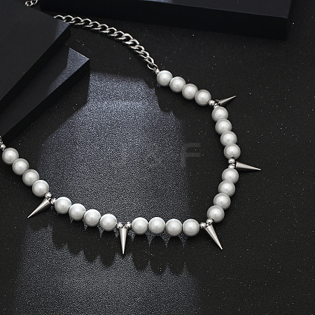 Conical Pearl Bib Necklace Stainless Steel Curb Chain Necklaces for Men and Women  UK1086-1
