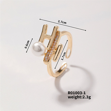 Geometric Pearl & Brass Letter H Open Cuff Ring: Elegant BN7901-1-1