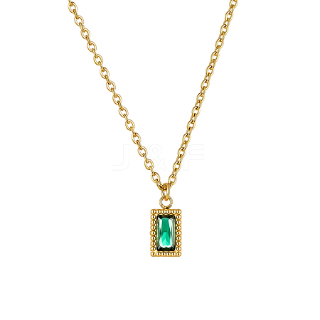 Vintage 304 Stainless Steel Emerald Rhinestone Rectangle Pendant Necklaces for Women NI1330-1-1