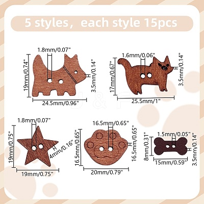 75Pcs 5 Styles 2-Hole Wooden Buttons BUTT-AR0001-15-1