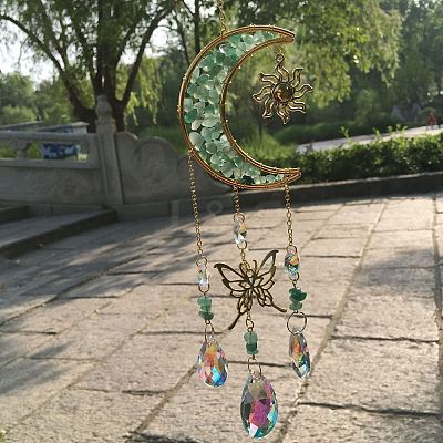 Natural Green Aventurine Chip & Metal Moon Hanging Suncatchers PW-WG15083-08-1