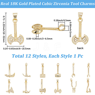 12Pcs 12 Styles Rack Plating Brass Micro Pave Clear Cubic Zirconia Tool Pendants KK-BBC0021-90-1