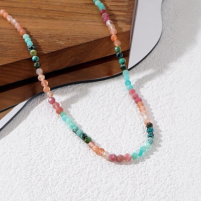 Bohemian Style Natural African Turquoise(Jasper) & Rhodonite & Red Aventurine & Aquamarine Faceted Round Beaded Necklaces for Women EF1114-1