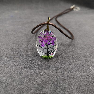 Alloy Wire Wrapped Oval Glass Inner Dried Flower Tree Pendant Waxed Cord Necklaces for Women FS-WG6B63C-03-1
