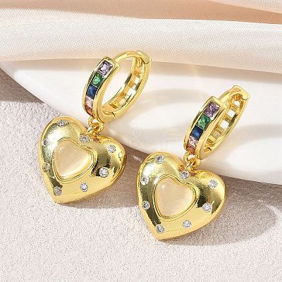 Brass Micro Pave Cubic Zirconia and Cat Eye Beads Heart Hoop Dangle Earrings KK-CBAD9DF-01G-1