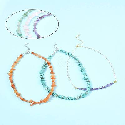Natural Red Aventurine & Green Aventurine & Amethyst & Rose Quartz & Synthetic Turquoise Chips Beaded Necklaces NJEW-FS00013-1