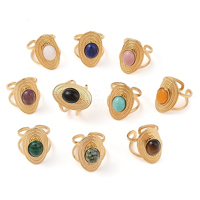 Oval Natural Mixed Stone Finger Rings RJEW-Z057-14G-1
