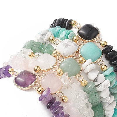 7Pcs 7 Style Natural & Synthetic Mixed Gemstone Square & Chips Beaded Stretch Bracelets Set for Women BJEW-JB09938-1