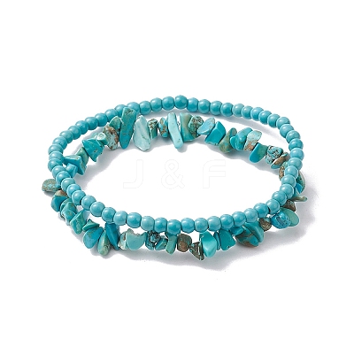 Chip & Round Synthetic Turquoise Beaded Stretch Bracelets for Women BJEW-JB10189-06-1