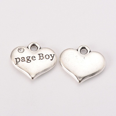 Wedding Theme Antique Silver Tone Tibetan Style Heart with Page Boy Rhinestone Charms X-TIBEP-N005-14B-1