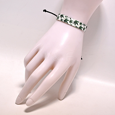Printed Maple Leaf Pattern Cloth & Waxed Cord Braided Bracelets for Men Women FS-WG27F11-01-1