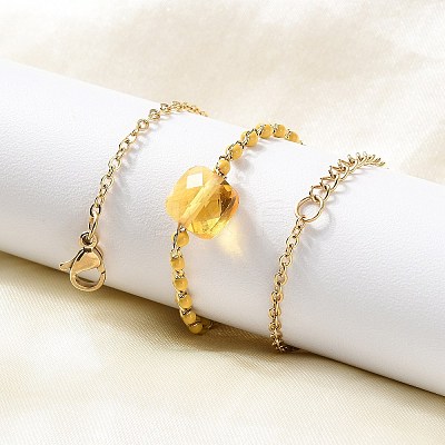 304 Stainless Steel Glass Beads Link Chain Bracelets BJEW-A036-14G-02-1