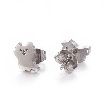 Tarnish Resistant 304 Stainless Steel Kitten Stud Earrings EJEW-F227-10P-1
