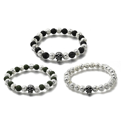 3Pcs 3 Colors Halloween Dyed & Electroplated Natural Lava Rock Round Beads Stretch Bracelets for Men BJEW-JB12332-1