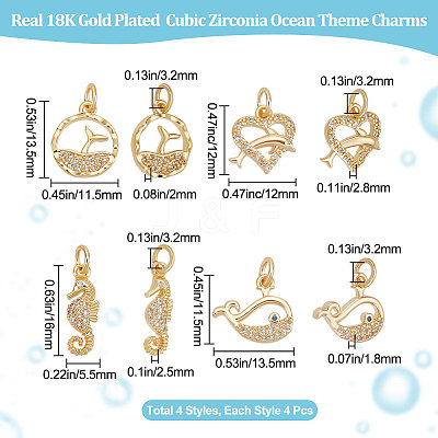 16Pcs 4 Style Ocean Theme Brass Micro Pave Clear Cubic Zirconia Charms KK-BBC0007-26-1