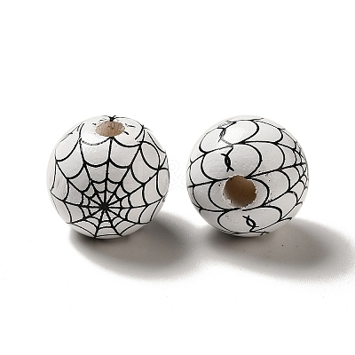 Halloween Printed Spider Webs Colored Wood European Beads WOOD-K007-04G-1