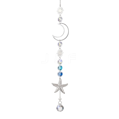 Stainless Steel Starfish & Brass Moon Hanging Suncatchers HJEW-JM04623-1