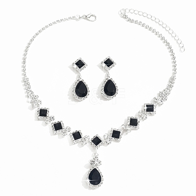 Teardrop & Rhombus Brass Rhinestone Pendant Necklaces & Stud Dangle Earrings Sets FS-WG09414-02-1