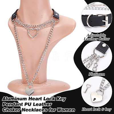 1Pc Aluminum Heart Lock Key Pendant PU Leather Choker Necklaces for Women NJEW-UN0001-69-1