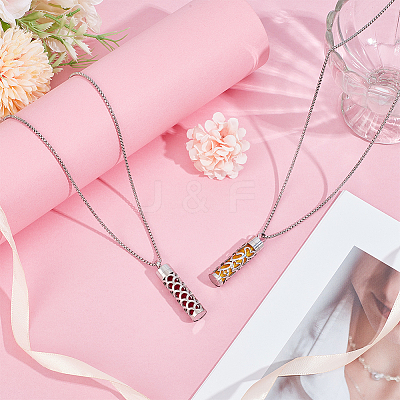 2Pcs 2 Styles Anti-Tarnish Stainless Steel Mini Hollow Column Perfume Bottle Necklaces NJEW-DR0001-02C-1