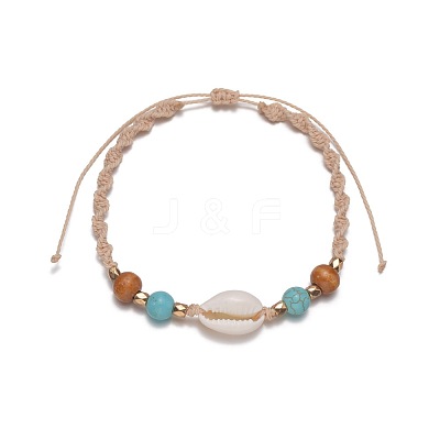 Adjustable Natural Cowrie Shell & Round Wood & Synthetic Turquoise Beaded Cotton Cord Braided Anklets for Women FS-WG3A61A-01-1