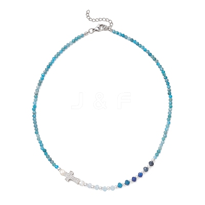Natural Mixed Stone Faceted Round and Dyed Malaysia Jade & Pearl Beaded Necklaces with Brass Micro Pave Clear Cubic Zirconia Cross NJEW-JN05975-1
