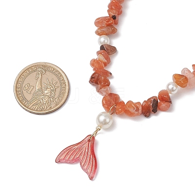 Natural South Red Agate Chip & Imitaton Round Pearl Beaded Adjustable Necklaces NJEW-JN05227-06-1