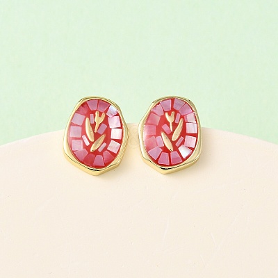 Brass Enamel Oval Stud Earrings EJEW-I322-04G-1