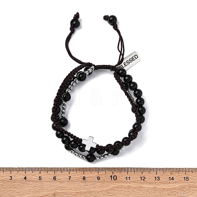 Adjustable Natural Obsidian & Hematite Braided Bead Bracelets BJEW-U035-01A-1