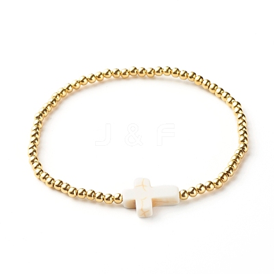 Cross Synthetic Turquoise(Dyed) Beads Stretch Bracelet for Girl Women BJEW-JB06864-02-1
