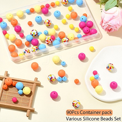 90Pcs 9 Styles Round Silicone Focal Beads SIL-YW0001-77-1