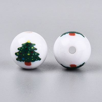Christmas Printed Opaque Acrylic Round Beads OACR-T029-08F-1