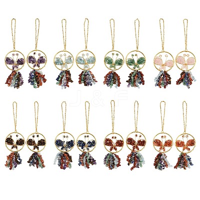 Butterfly Brass & Natural Mixed Stone Pendant Decorations HJEW-Z007-04G-1