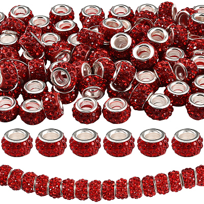 80Pcs Polymer Clay Rhinestone European Large Hole Beads with Silver Color Plated Brass Cores FPDL-LT0001-02A-1