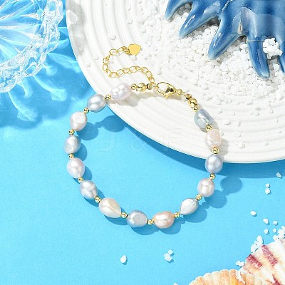 Natural Cultured Freshwater Pearl & Brass Beaded Bracelets for Women BJEW-JB13745-1