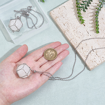 2Pcs Brass Macrame Pouch Natural Quartz Crystal Round Inside Pendant Necklaces NJEW-PH01599-1