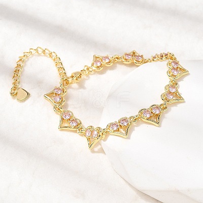 Heart Brass Micro Pave Cubic Zirconia Link Chain Bracelets BJEW-L715-01G-02-1