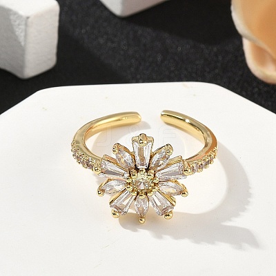 Flower Brass Micro Pave Cubic Zirconia Cuff Rings for Women RJEW-A069-01A-G-1