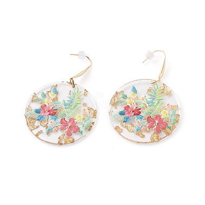 Transparent Epoxy Resin Flat Round with 3D Printed Flower Pattern Dangle Earrings EJEW-JE04580-1