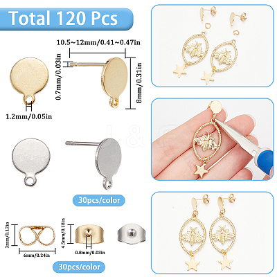 60Pcs 2 Color Flat Round 304 Stainless Steel Stud Earring Findings STAS-SC0008-56-1