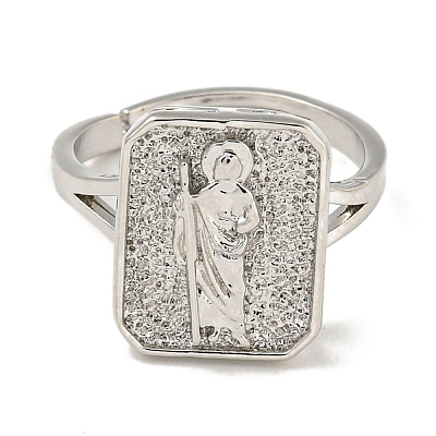 Rectangle with Saint Rack Plating Brass Adjustable Rings for Women RJEW-I105-03P-03-1