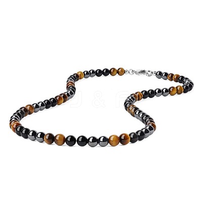 Synthetic Non-magnetic Hematite & Natural Tiger Eye & Obsidian Round Beaded Necklaces for Men YX5918-2-1